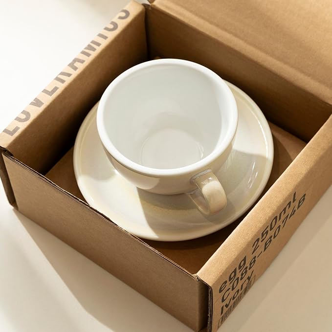 Loveramics Coffee Cup Ceramic, 8 oz Latte Art Cup with Saucer for Cappuccino, Tea, Espresso, Thick - walled stoneware Cappuccino mug Set for Cafe and Barista - Potters Colours (Ivory, 8OZ)