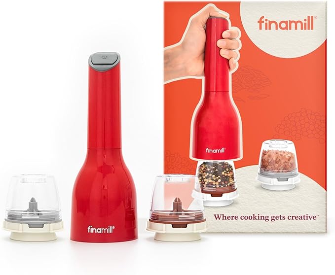 FinaMill Classic Battery Spice Mill – Battery Operated Salt and Pepper Grinder Set, Includes 2 Interchangeable Spice Pods, Adjustable Coarseness, Ceramic Grinder, LED Light, Home and Kitchen Gift Set