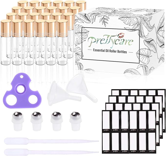 PrettyCare 24 Pack, 10 ml Essential Oil Roller Bottles with Stainless Steel Roller Ball - Refillable Leak-proof Empty Thick Clear Glass Roll on Bottles with Metal Caps for Travel, Perfume