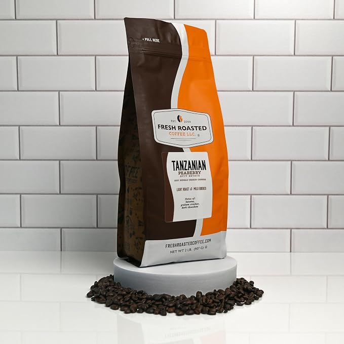 Fresh Roasted Coffee, Tanzanian Peaberry Whole Bean Coffee, Light Roast, Kosher, 2 lb (32 oz)