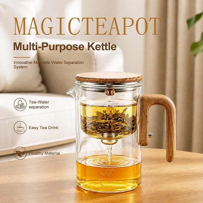 Magic Glass Teapot with Infuser, 24oz (700ml) Heat-Resist Boro Glass Brewer, Instant Water Separation & Clean-Press Leaf Removal, Perfect for Blooming & Loose Leaf Tea, Elegant Gift Box