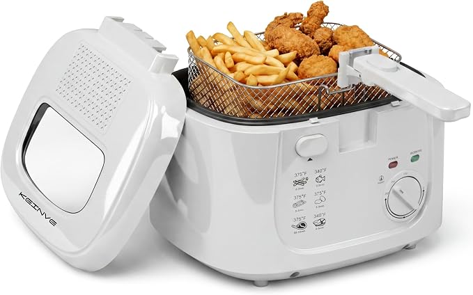 KEINVE Electric Deep Fryer with Basket, 2.5L Oil Fryer with Non-Stick Inner, Viewing Window, 1600Watt Fast Heating, White