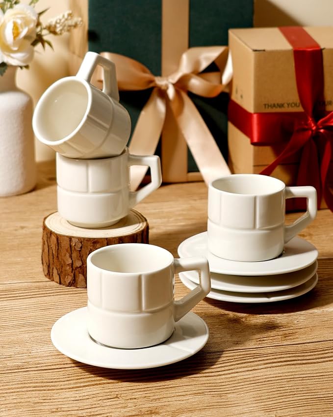 Ceramic Coffee Mugs Set of 4, Coffee Cups with Saucers, Cappuccino Cups with Saucers, Porcelain Cups, Coffee Cups for Tea, Latte, Espresso (Ivory-Geometric)
