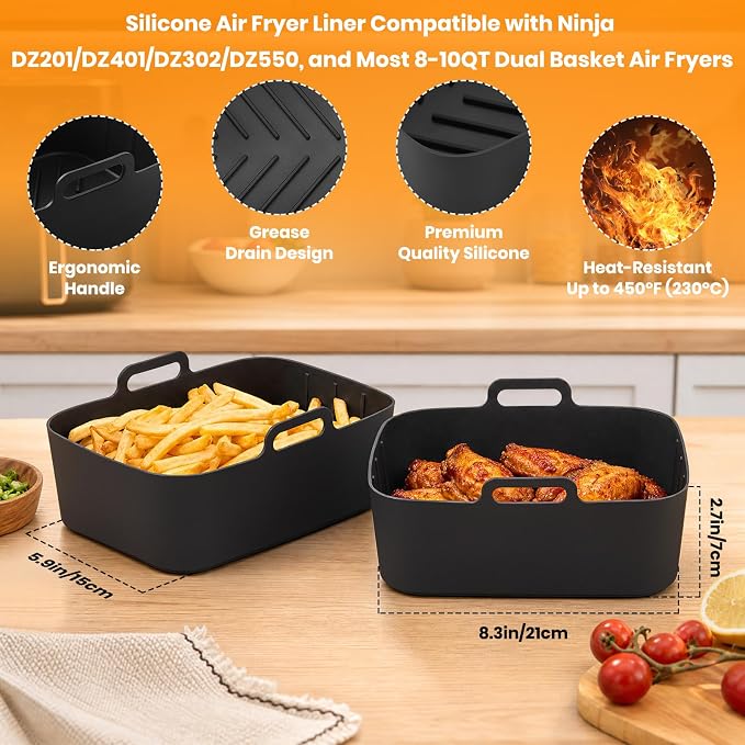 Silicone Air Fryer Liners, Reusable Rectangular Airfryer Basket Liners Compatible with Ninja Foodi DZ201/DZ401/DZ302/DZ550 & Most 8-10QT Dual Basket Air Fryers, 21PCS Air Fryer Accessories
