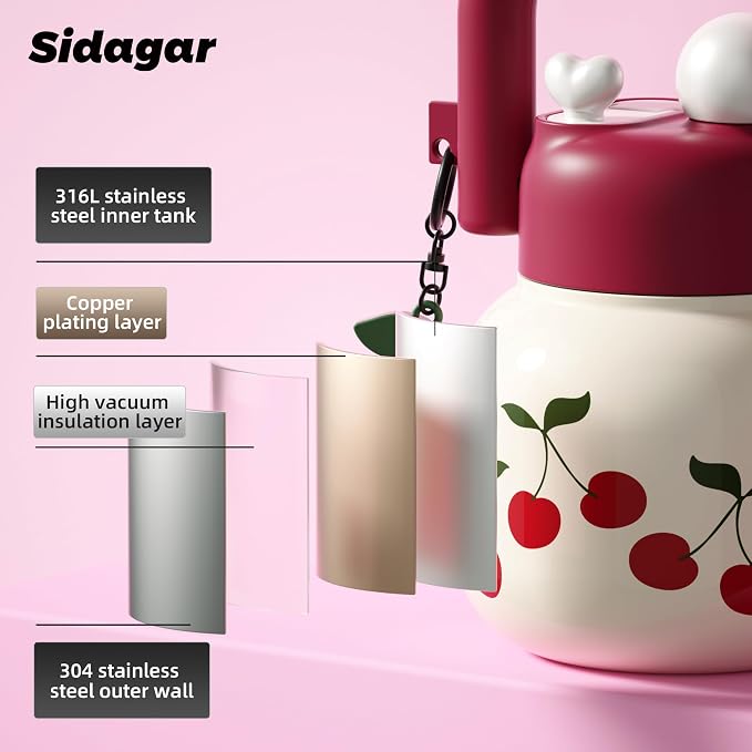 22 oz Tote Water Bottle with Straw and Carry Handle, Wide Mouth Vacuum Insulated Stainless Steel Tumbler, Travel Water Jug for Women Easy Carry, Cherry