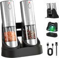 Electric Salt and Pepper Grinder Set with LED Light, Rechargeable Salt and Pepper Shakers with 5 Adjustable Coarseness, Upgraded Large Capacity, Stainless Steel, Storage & Charging Base