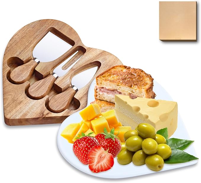 8.2" Valentine Heart-Shaped Acacia Wood Cheese & Charcuterie Board with 360° Rotating Marble Lid and Cheese Utensil Set (Spade, Knife, Fork) - Housewarming, Birthday & Wedding Gift