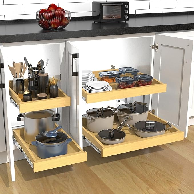 2 Tier Pull Out Cabinet Organizer, 14"W x 21"D Solid Wood Heavy-Duty Base Bottom Assembly Slide out Drawer Shel Cabinet Organization for Kitchen, Pantry, Bathroom