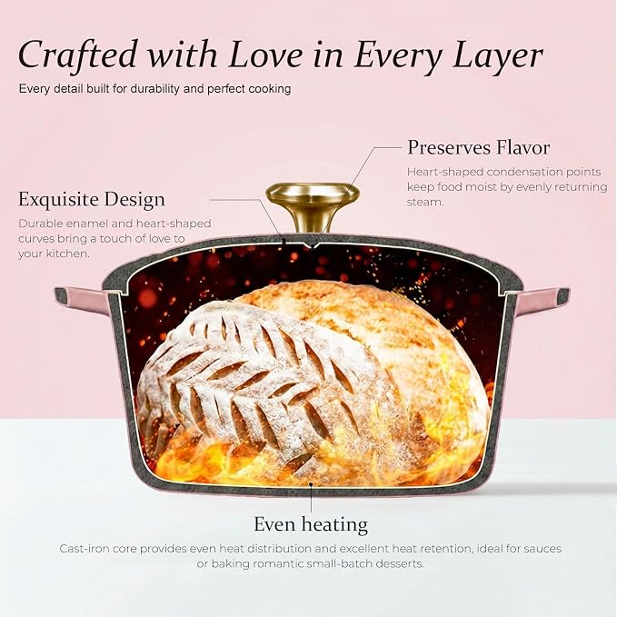 Overmont Heart-Shaped Enameled Cast Iron Dutch Oven, 2QT Pink Mini Pot with Lid for Cozy Meals, Soups & Small Batch Baking, Cute Kitchen Cookware Gift for Wedding, Housewarming & Birthday