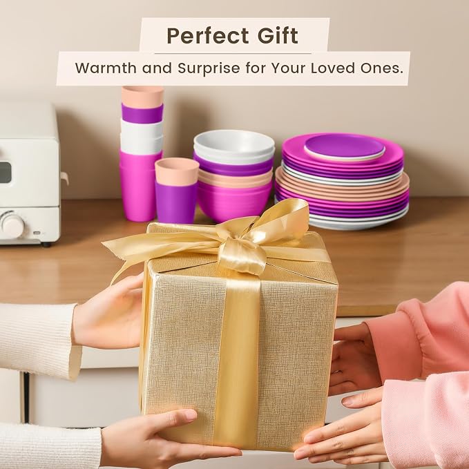 Homienly 40-Piece Wheat Straw Dinnerware Set, Reusable Plates and Bowls Sets, Alternative to Plastic Dishes Set-Dinner Plates with Textured Pattern, Bowls, Cups, Dishwasher Safe - Pink Flower