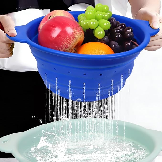 Collapsible Silicone Colander Wash Basin Set, Thickened Strainers bowls, for Kitchen, RV, Camping, Draining Pasta, Washing Fruit, Vegetable Storage(Blue+Green)