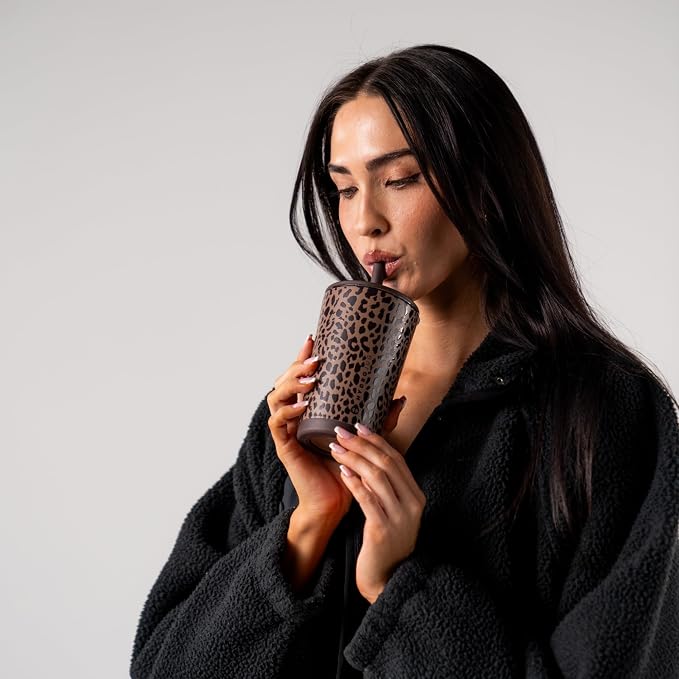 HydroJug Everyday Tumbler 14 oz, Ceramic-Lined Straw Cup, Brown Leopard