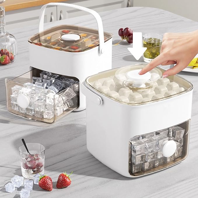 MAVIS LAVEN Ice Cube Maker Ice Tray Set with 2 Trays and Storage Bin for 120 Cubes Easy Release Button Design Food Grade PP Material Silicone Handles Dust Proof Lid (Milk White)