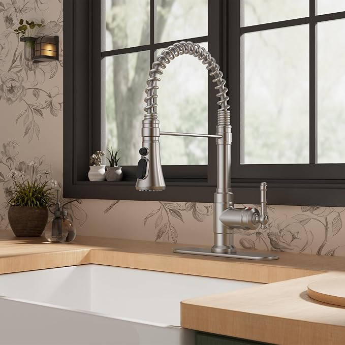 FORIOUS Vintage Kitchen Faucet Pull Down Sprayer Brushed Nickel Stainless Steel, High Arc Single Handle Antique Sink Faucet 1 or 3 Holes for Pot Filler, Farmhouse Camper RV Wet Bar