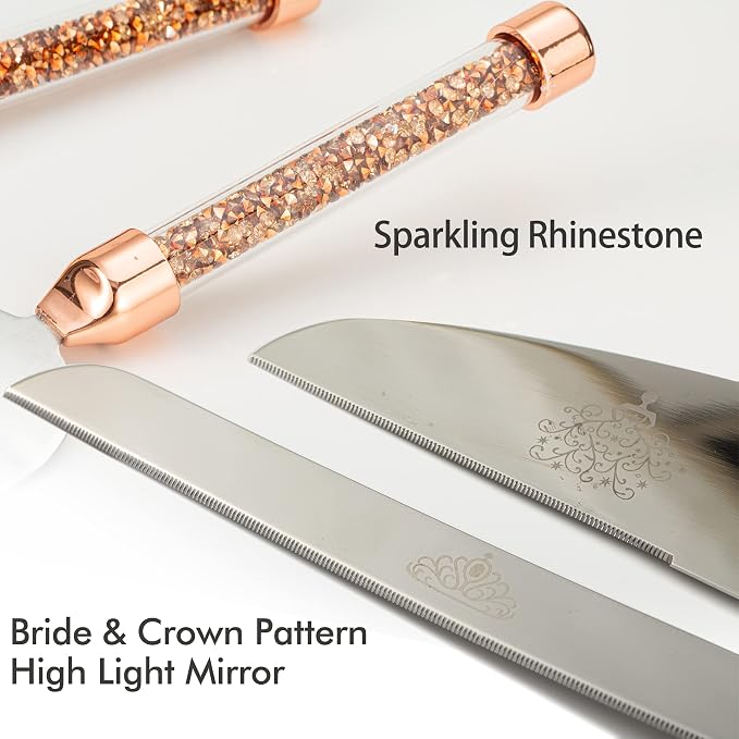 Wedding Cake Knife and Server Set, 7oz Crystal Champagne Flutes Set Rose Gold Bride Groom Toasting Glasses Cutting for Mr Mrs Engagement Gifts