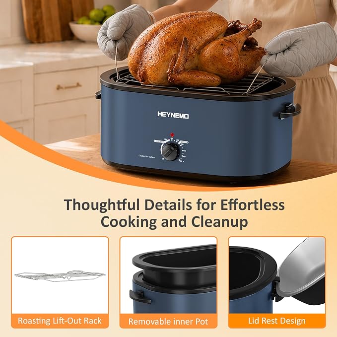 30 Quart Large Turkey Roaster with Defrost & Warm Functions, Electric Roaster Oven with Visible Self-Basting Lid, Adjustable Temperature Control, Removable Pan & Rack, Stainless Steel, Blue