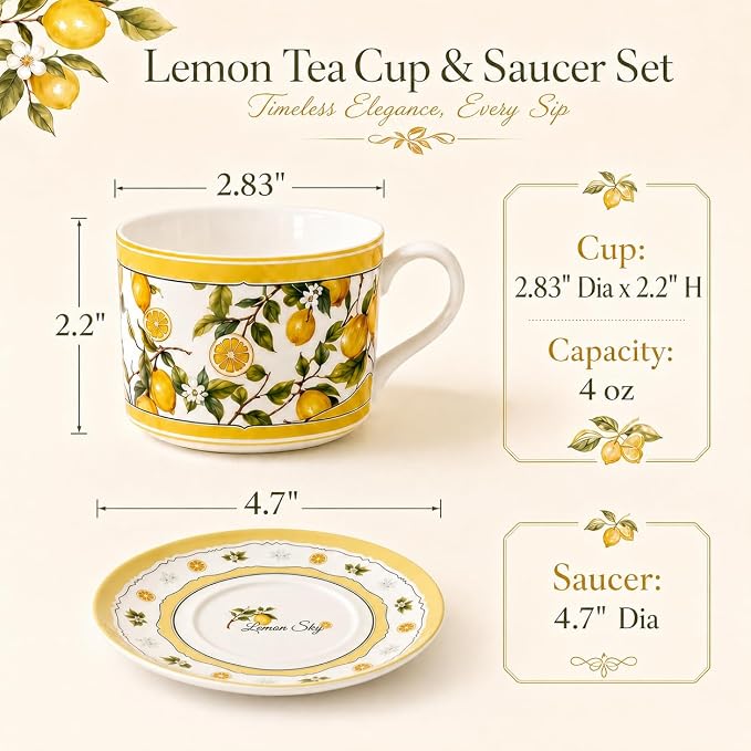 Summer Lemon Espresso Cups and Saucers Set of 2, 4 oz Ceramic Small Coffee Mug with Handle,Lemon Botanical Pattern for Tea, Latte, Cafe, Microwave & Dishwasher Safe, Decorative Holiday Gift Box