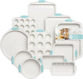 11-Piece Non-Toxic Bakeware Set – Nonstick, Stackable & Oven Safe with Heat-Resistant Silicone Handles – Cookie Sheet, Cake Pan, Muffin Mold, Pizza Tray & Bread Loaf Dish, White & Sky Blue