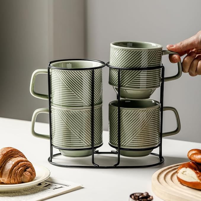 Stackable Coffee Mugs with Rack: 13 oz Stacking Ceramic Cups with Stand - Porcelain Stacked Tea Mug Set of 4 (Pea Green)