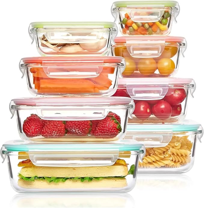 Vacuum Preservation Box 8 Pack Glass Food Storage Containers with Airtight Lids, Glass Meal Prep Containers, Bento Boxes for Lunch, for Microwave Crisper(Multi Colors)