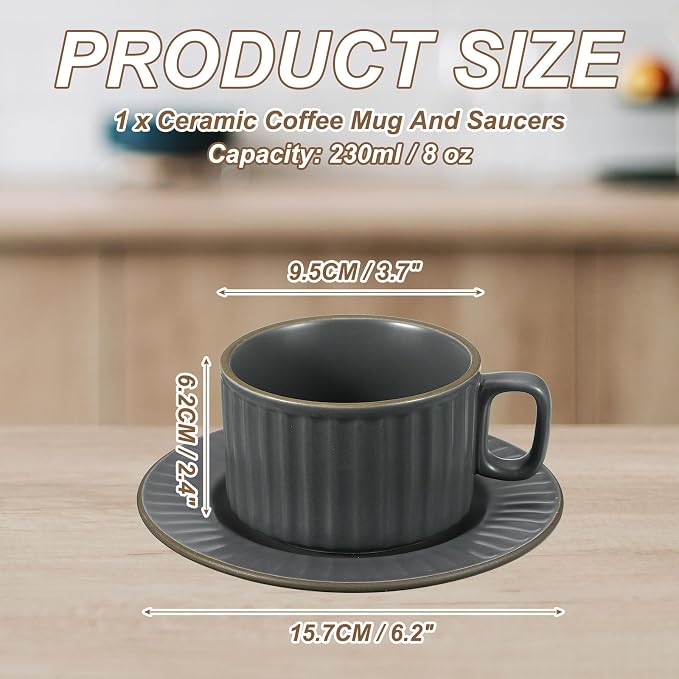 uxcell Handmade Vintage Espresso Cups, 8 oz Coffee Cups and Saucers Ceramic Tea Cup with Handle Dishwasher and Microwave Safe for Latte Cappuccino Milk Office Home Gifts, Gray