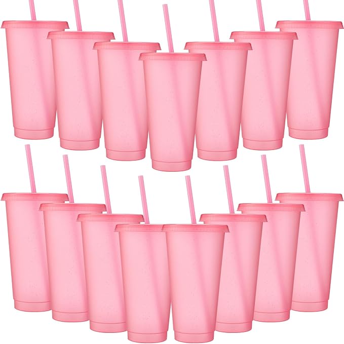 Honeydak 15 Pack Tumbler with Straw and Lid Bulk Cups for Gifts Glitter Plastic Coffee Cups 24-27 oz Reusable Water Bottle Iced Coffee Travel Mug Party Favors for Birthdays Travel (Light Pink)