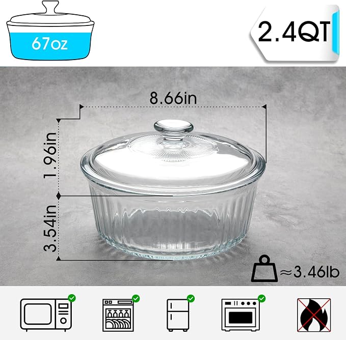 NUTRIUPS 2.4QT Glass Casserole with Lid, Borosilicate Glass, Round, Oven-Safe Baking Dish