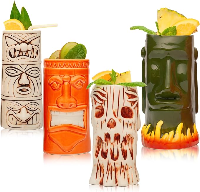 LEMONSODA Ceramic Hawaiian Tiki Glasses - Set of 16 - Fun Tiki Mugs for Cocktails, Barware & Luau Decor (Ceramic Variety, Set of 16)