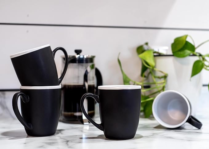 Elanze Designs Solid Color Black White Interior 16 ounce Matte Ceramic Mugs Matching Set of 4