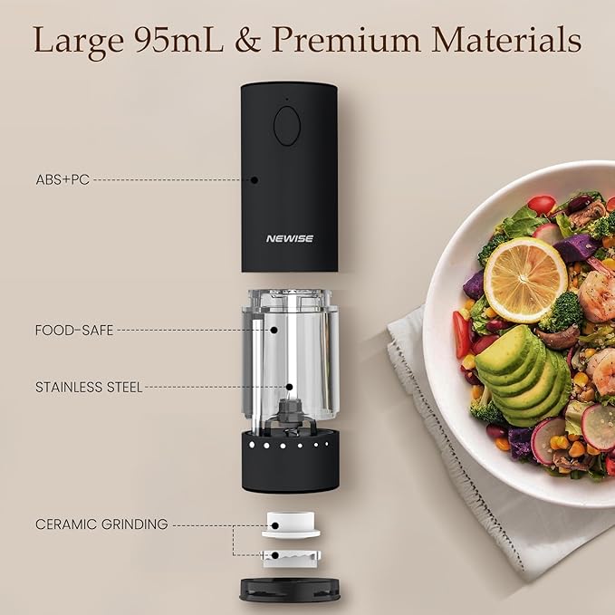 Newise Electric Salt & Pepper Grinder Set, Rechargeable with LED Light & External Coarseness Adjustment, Kitchen Gadgets for Mom Home Cooks & Families - Black