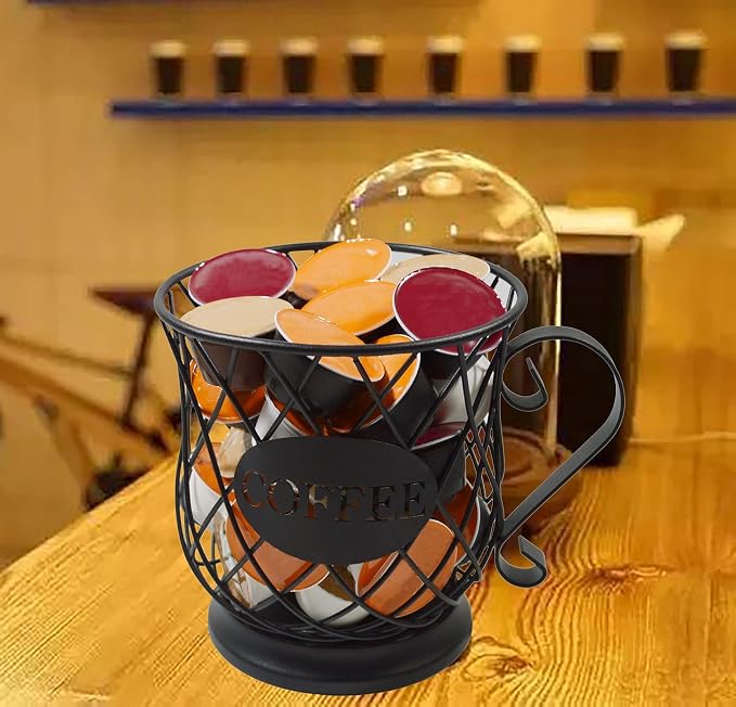 Coffee Pod Holder Mug Shape Multi Use K Cup Holder Coffee Station organizer Storage Wire Basket Food Storage for Counter Coffee Bar Black