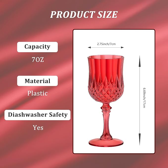 7OZ Plastic Wine Glasses, Reusable Vintage Goblets Unbreakable Drinking Glasses Crystal Water Cups Champagne for Wedding, Parties (48, Red)