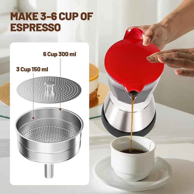 Electric Moka Pot 3-6 Cup 150-300ml Plastic Transparent Stovetop Espresso Maker Portable Stainless Steel Mocha Pot Percolator Italian Coffee Makers Greca Machine Cafe Classic for Home Camping