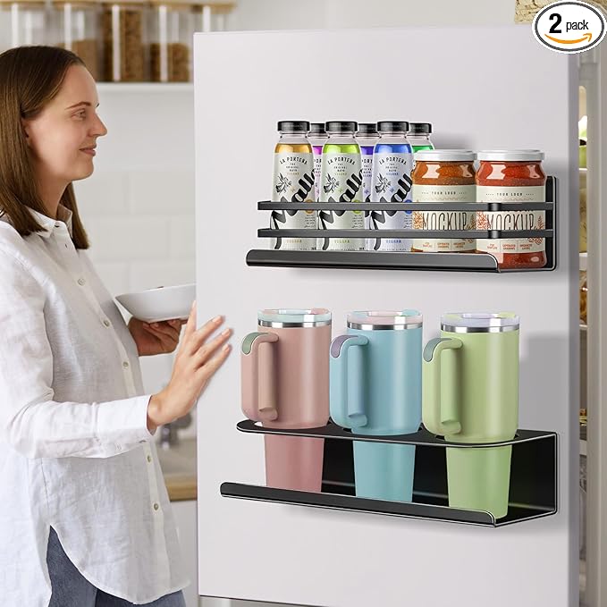 Magnetic Cup Holder for Fridge, Heavy-Duty 2 Packs magnetic water bottle holder for Stanley 30/40 oz Tumbler, Magnetic Spice Organizer Racks - Refrigerator Seasoning Organization Shelves for Kitchen