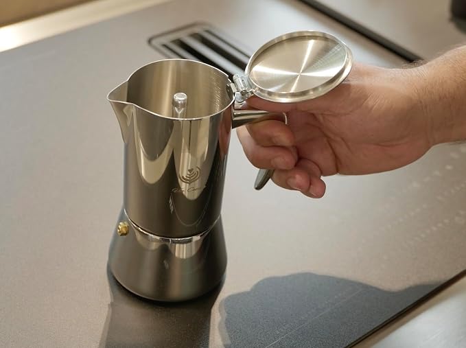 VIA CREMA Moka Stovetop Espresso Maker, Stainless Steel, for Induction Cooktops, 5-6 Cups, 10 Oz | For Induction Cooktops, 10 Oz
