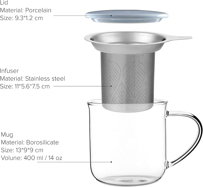 VIVA Minima Eva Glass Tea Cup with Mesh Infuser - Coffee Mug With Porcelain Lid/Saucer - 14 oz / 400 ml, Hazy Blue