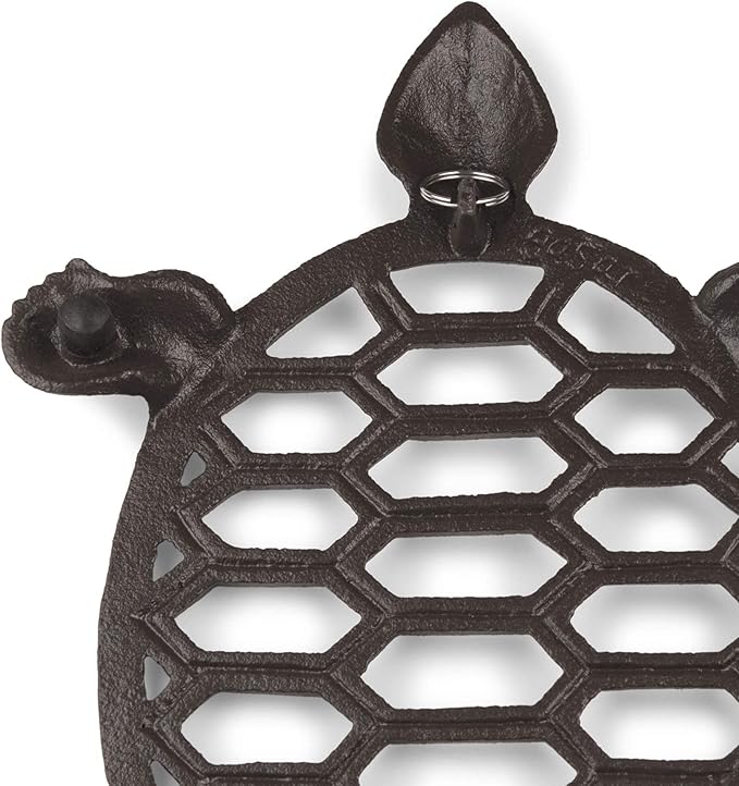 GASARÉ, Cast Iron Trivet for Hot Dishes, Pots, and Pans, Metal Trivet, Sea Turtle Design, Rubber Feet Caps, Ring Hanger, 11.5 x 8 Inches, Brown, 1 Unit