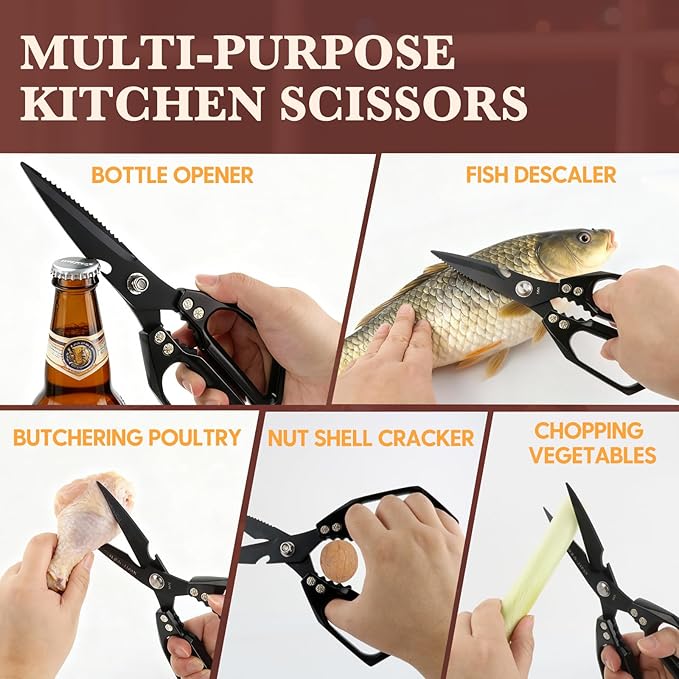 Kitchen Scissors, Heavy Duty Stainless Steel Kitchen Shears, Sharp Black Meat Scissor, All-Purpose Poultry Scissors, Japanese-Style Cooking Shears for Turkey, Chicken, Thanksgiving, Christmas