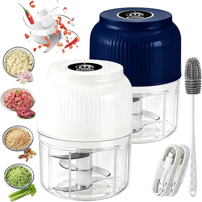 Electric Garlic Chopper, 320ML Mini Portable Veggie Chopper with 6 Sharp Blades, Rechargeable Electric Food Chopper Tool, Wireless Veggie Grinder, for Onions Ginger Chili Nuts Meat (Mix*2)