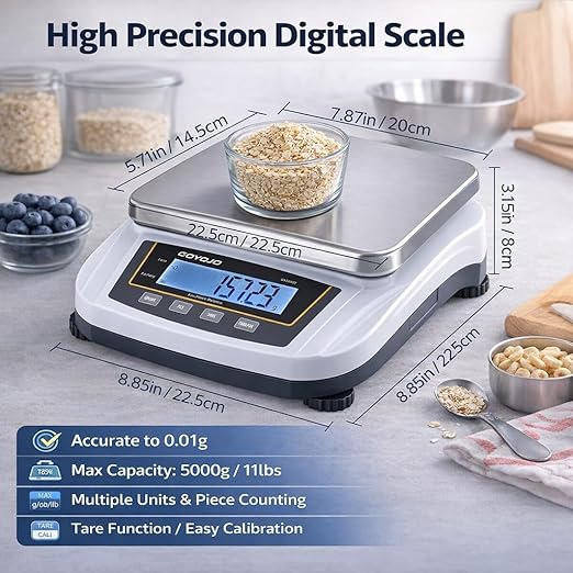 GOYOJO Digital Analytical Balance and Lab Scale, 5000g Capacity, 0.01g Precision, Stainless Steel, Multi-Unit (g/oz/ct/lb) for Jewelry, Kitchen, and Lab – Reliable, Accurate, Easy to Use, Black Panel