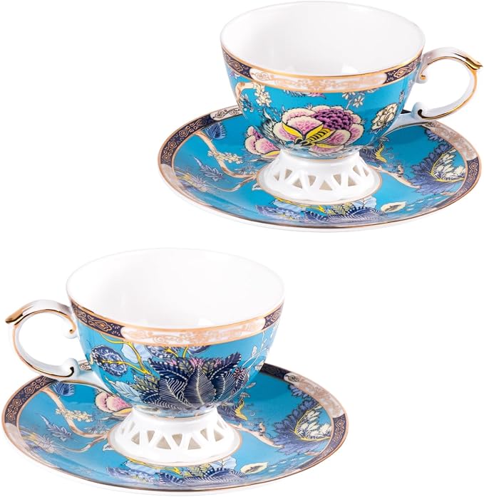 KAMMAK Tea Cups and Saucers Set of 2, Fine Bone China Coffee Cups, Stackable Espresso Mugs, Ceramic Demitasse for Coffee, Cappuccino, Latte, Americano, Tea, Jade