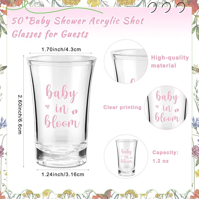 Pickmesh 50 Sets Baby in Bloom Baby Shower Shot Glasses for Guests Include Acrylic Clear Shot Glasses Spring Wildflower Cards Organza Bags Girl Favors for Gender Reveal Party Supplies