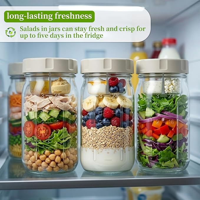 4 Pack Glass Salad Jars with Lids Meal Prep, 32oz Meal Prep Glass Salad Jars with 4 Stainless Steel Forks Wet/Dry Dressing Cups for Home, Office and Outdoor, 32oz Mason Jars