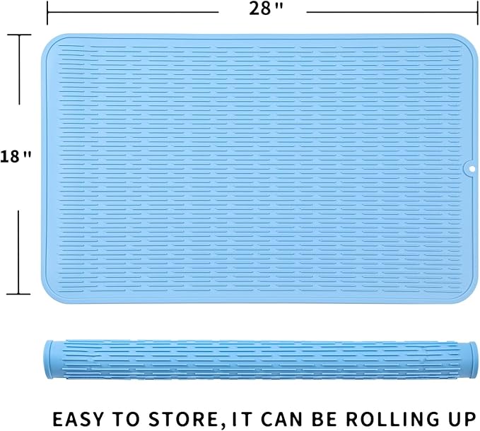 MicoYang Silicone Dish Drying Mat for Multiple Usage,Easy clean,Eco-friendly,Heat-resistant Silicone Mat for Kitchen Counter or Sink,Refrigerator or Drawer Liner Light Blue 3XL 28 inches x 18 inches