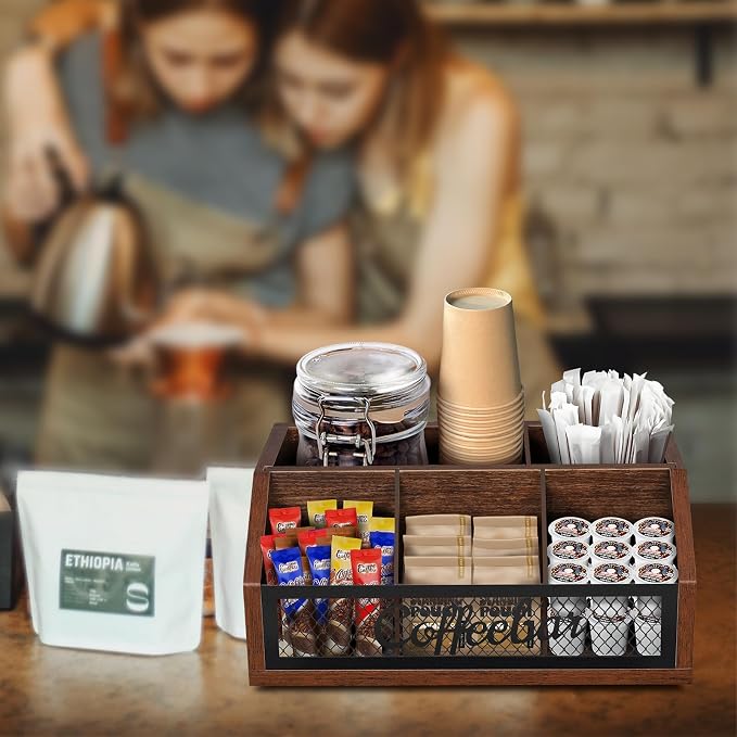 Coffee Station Organizer for Counter, Wood Pods Holder Basket with Removable Dividers, Office Coffee Bar Accessories Decor for Syrup, Cups, Stirrer, Tea