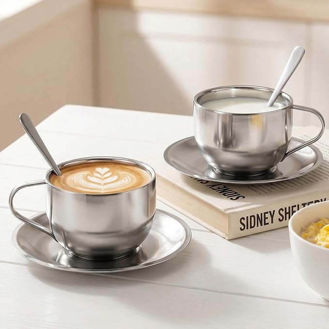 4 Pack Stainless Steel Coffee Cup Set, 6 Oz Coffee Mugs with Spoon and Saucer Insulated Espresso Cup Double Walled Silver Tea Set for Latte Milk, Cappuccino