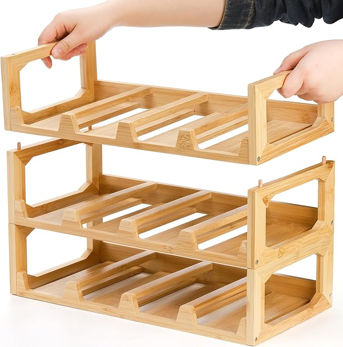 Pumtus 3 Tier Bamboo Water Bottle Organizer, Stackable Bottle Storage Rack, Tumbler Shelf Organizer, Wine Bottle Holder, Drinking Cup Display Rack for Cabinet Kitchen Cupboard, Hold 12 Bottles