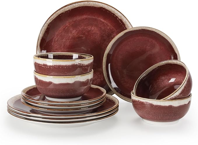 Sweejar 12 Pieces Ceramic Dinnerware Sets for 4, Gradient Glaze Plates and Bowls Set, Microwave & Dishwasher Safe, Stackable Dish Set, Scratch Resistant Dishware Sets, Red