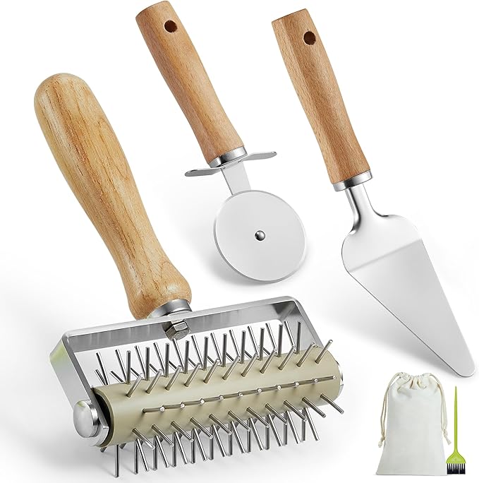Pizza Dough Docker Roller with Stainless Steel Spikes, Pizza Wheel & Pie Server, Cleaning Brush and Canvas Bag – Perfect for Homemade Pizza, Pie & Pastry