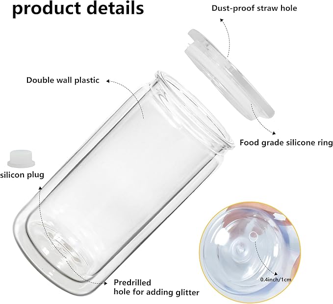 16 oz Plastic Snow Globe Tumbler, Double Wall Snowglobe Tumbler with Pre Drilled Hole Clear Acrylic Cups with Lids and Straws for Iced Coffee Boba Juice Soda 6 Pack